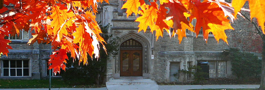 Physics and Astronomy Building through fall leaves